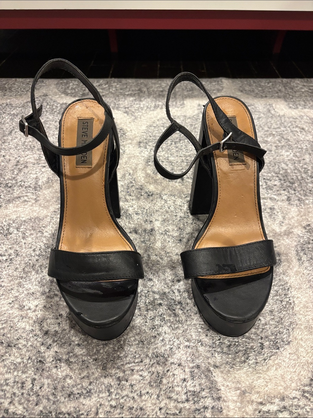 Steve Madden Black Leather Strappy Block Heel Sandals